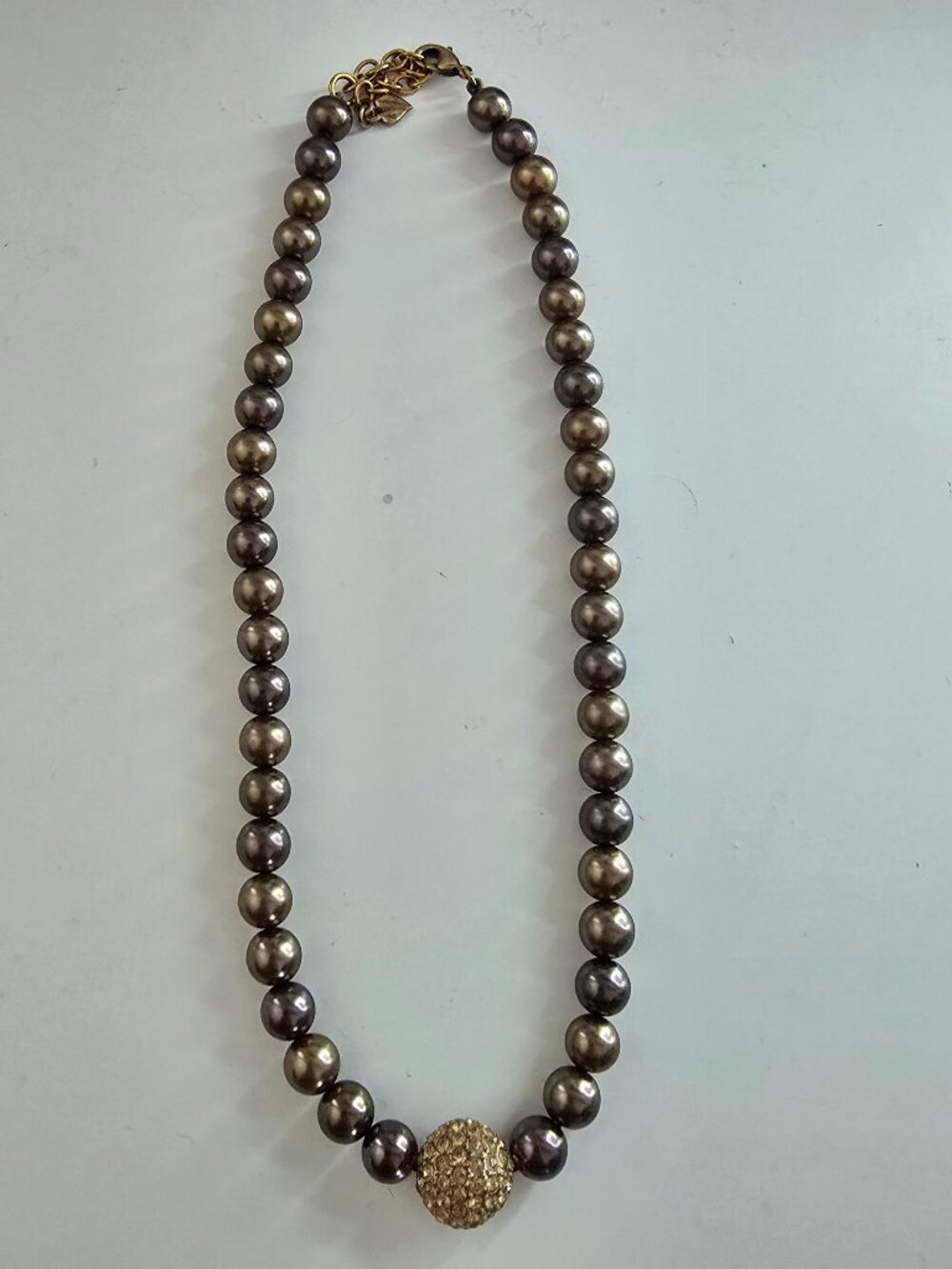 Vintage Bronze Brown Faux Pearl Strand Necklace Gold Rhinestone Pave Ball